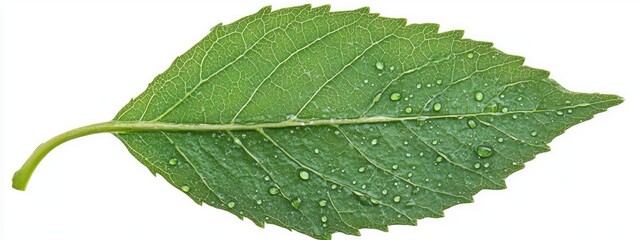 Fototapeta premium Green leaf with water droplets isolated on white background