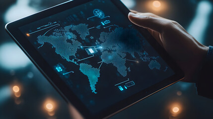 holding a tablet displaying a mobile device tracking system with a world map and security alerts 
