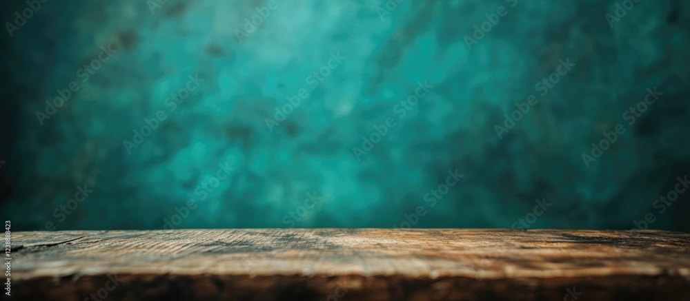 Aufkleber rustic wooden table in front of blurred teal abstract background with copy space