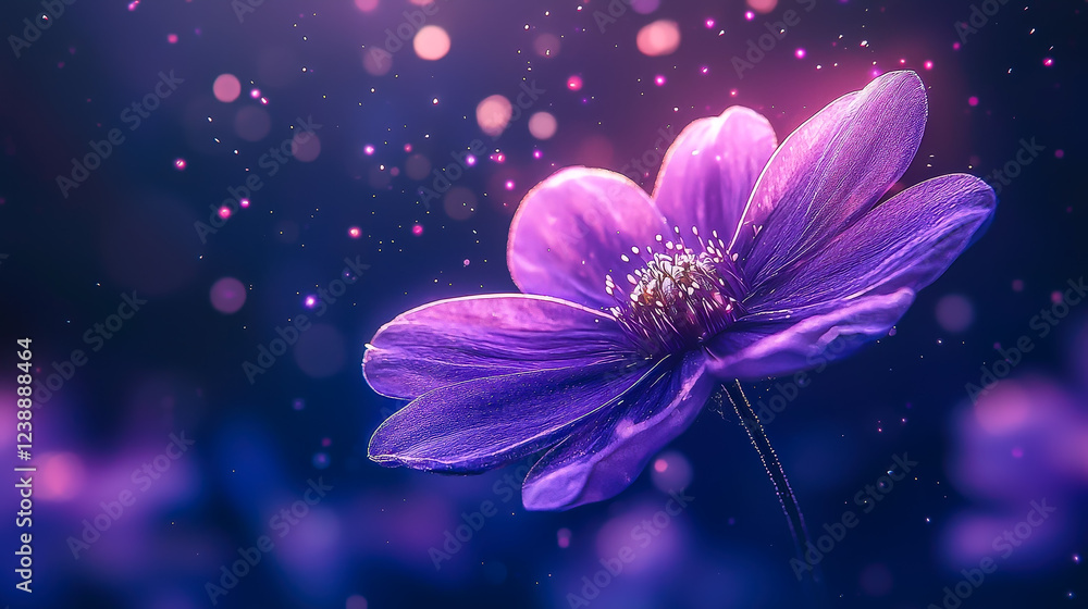 Poster Close-up view of a vibrant purple flower surrounded by shimmering particles in a mystical setting at night