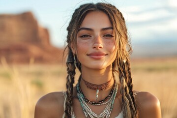 Portrait of smiling boho woman wearing braids and handmade jewelry in monument valley © Michael
