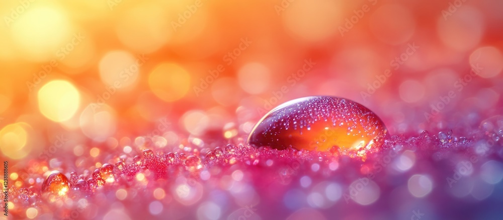 Poster macro shot of a water droplet on colorful surface with bokeh effect and rich gradient lighting
