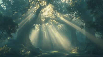 Obraz premium ethereal forest landscape shrouded in morning mist, golden sunbeams piercing through towering ancient trees, creating magical light rays