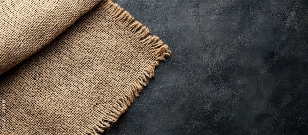 Poster burlap cloth on dark textured background with copy space