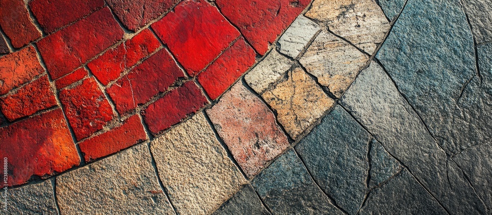 Poster colorful textured stone pavement with red and gray tiles arranged in a curved pattern.