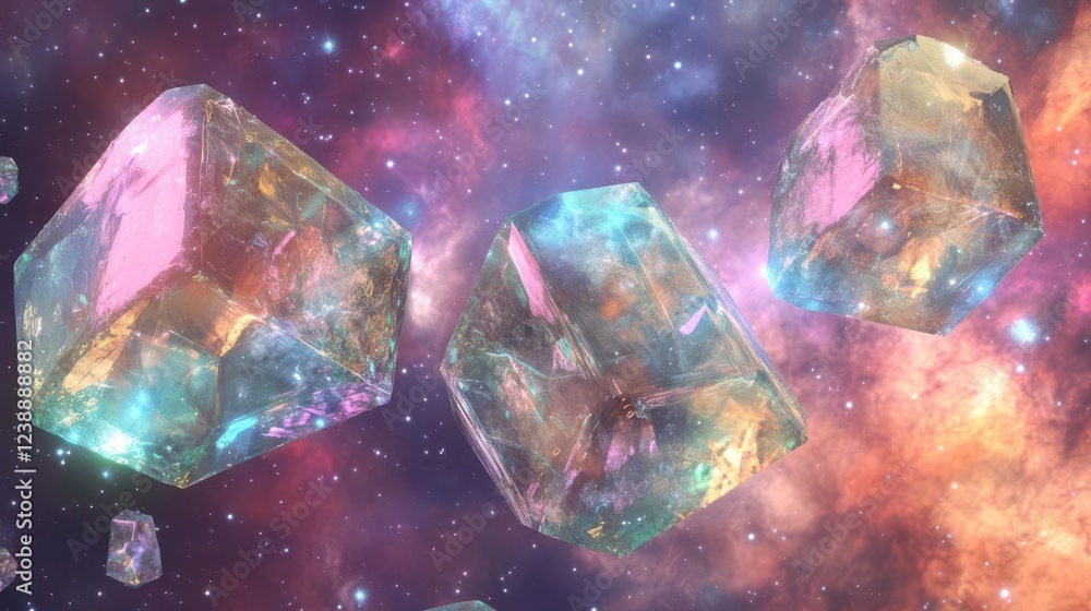 Poster ethereal holographic crystal formations floating in zero gravity, iridescent light refractions, tran