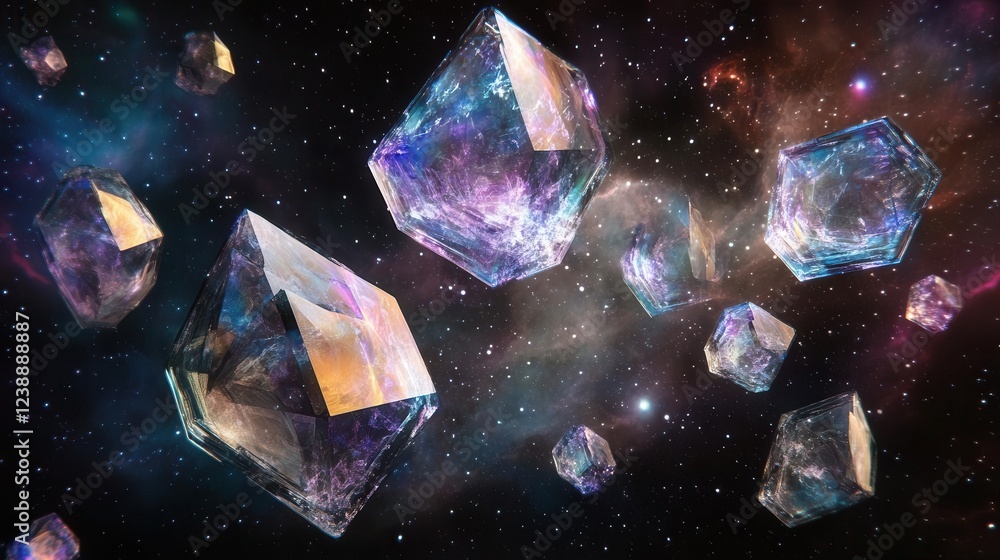 Poster ethereal holographic crystal formations floating in zero gravity, iridescent light refractions, tran