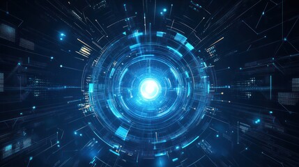 Obraz premium Abstract digital technology background with glowing blue circle and lines.