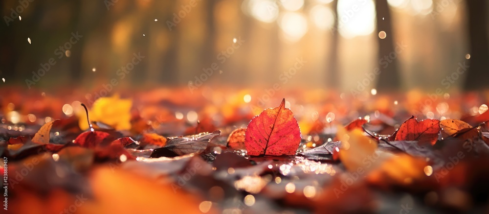 Poster autumn leaves on forest floor with bokeh background and soft focus