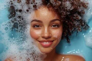 Young woman enjoying a relaxing bubble bath with foam on her face and hair, smiling serenely