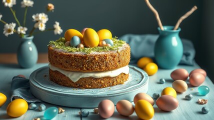 Colorful Easter cake with decorative eggs and flowers on a blue table setting for a festive celebration