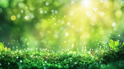 Fototapeta premium ethereal morning forest floor, dewdrops glistening on emerald moss, sunbeams filtering through misty air, macro photography with creamy bokeh
