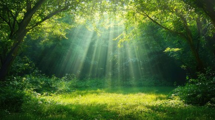 Obraz premium Sunlight Filtering Through Trees in Lush Green Forest with Grassy Clearing