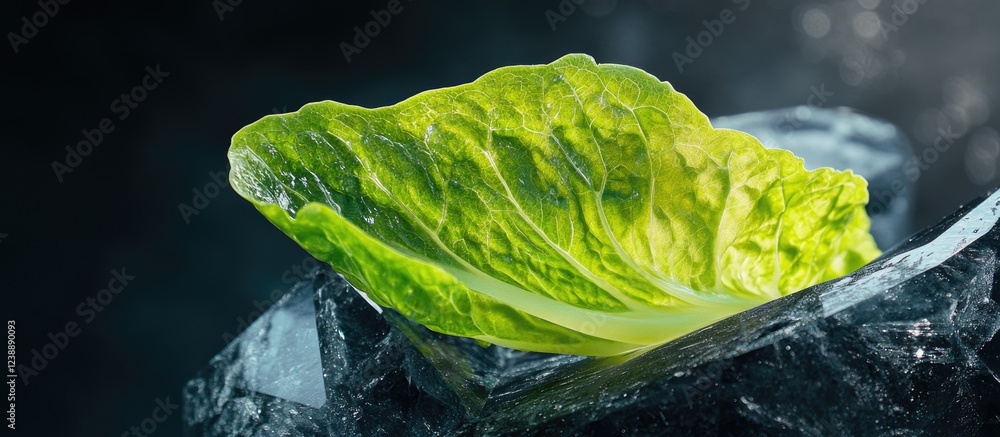 Poster fresh lettuce leaf resting on ice cube background with dark atmosphere