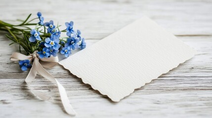 Forget me nots and blank card on wooden surface