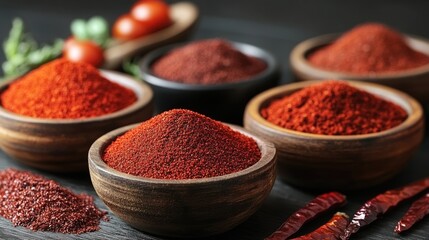 Fototapeta premium Assorted Ground Paprika in Wooden Bowls with Tomatoes and Chili Peppers on Dark Background