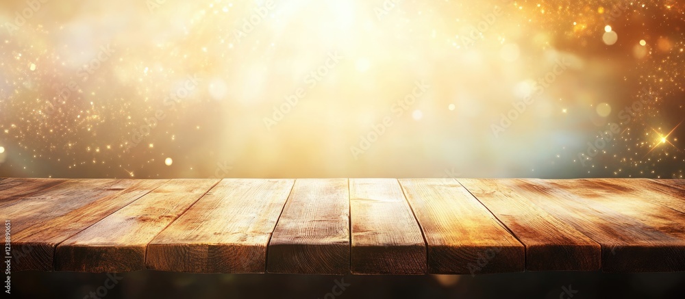 Poster rustic wooden table with glowing light and bokeh background, copy space