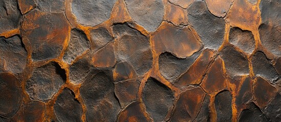 Abstract textured copper and black metal surface with hexagonal pattern