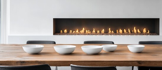 Modern dining table with white bowls in front of a linear fireplace