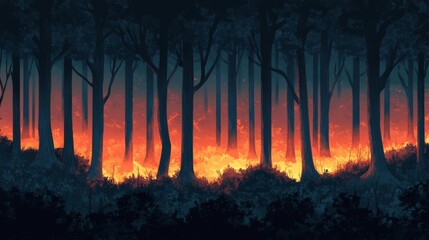 Obraz premium Forest Fire at Night: Intense Burning Trees and Dark Woods