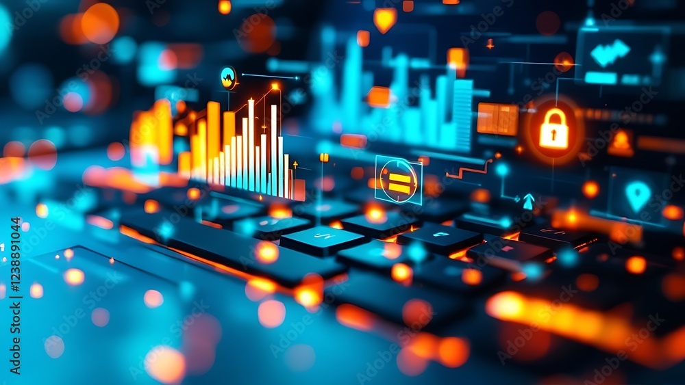 Poster financial graphs and charts overlaying a keyboard in a digital interface concept.