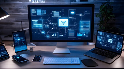 workspace with multiple mobile devices connected to a centralized management system on a large monitor 