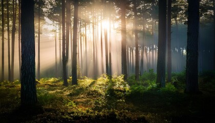 Obraz premium A misty forest in the early morning