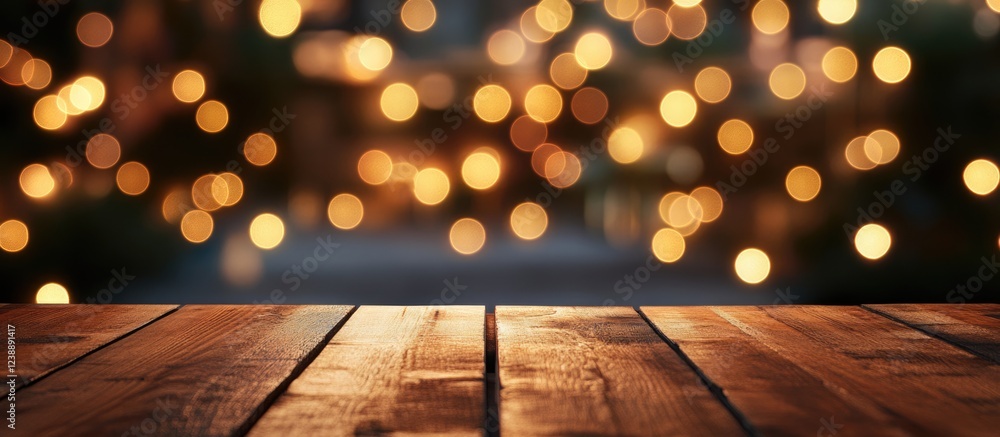Poster wooden table surface with blurred warm bokeh background and ample copy space for text