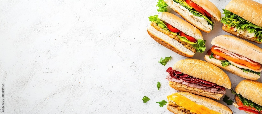Poster assorted sandwiches with various fillings on light background with copy space for text