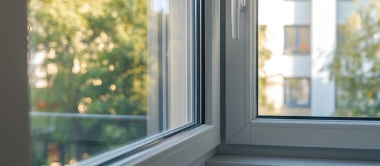 Open Window with View of Residential Building and Trees in Background