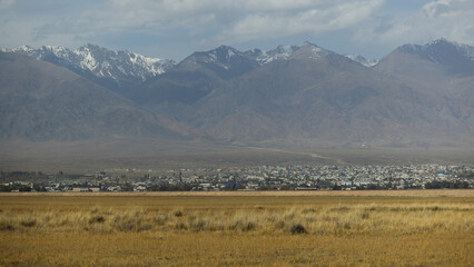 the wilderness and steppe landscape in Issyk-Kul lake Region, a Jeti-Oguz and Tong district, Kyrgyzstan in Central Asia