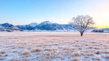 Frosty sunrise over snow-covered plains, lone tree, mountain backdrop; winter landscape