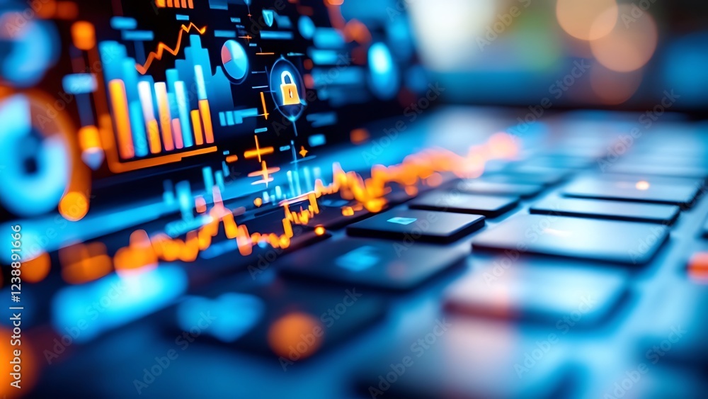 Poster financial graphs and charts overlaying a keyboard in a digital interface concept.