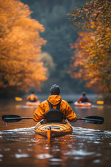 Fototapeta premium Kayaker wearing orange jacket paddling in river between colorful autumn trees