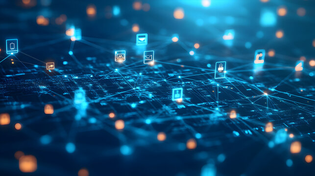 image of a digital network linking mobile devices with security and management features glowing in blue tones 