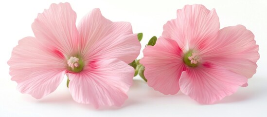 Two pink hibiscus flowers on white background close-up.