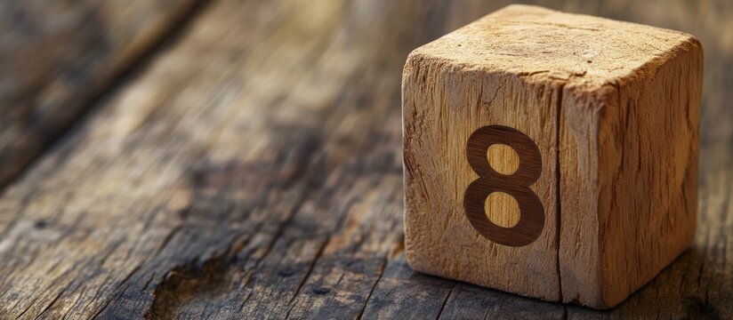 Wooden block with number 8 on rustic wooden surface.