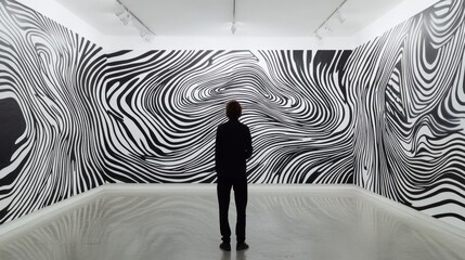 Person viewing large-scale black and white abstract artwork in modern gallery.
