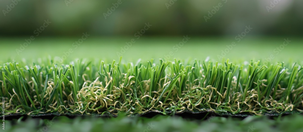 Poster close-up of artificial grass surface with blurred natural background and copy space