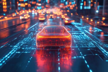 Autonomous car on futuristic road surrounded by holographic data visualizations
