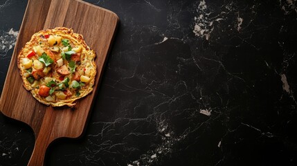 Rustic pizza with assorted toppings on wooden serving board with dark marble background and copy space
