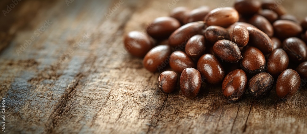 Poster pile of fresh shea nuts on rustic wooden table surface with warm lighting and copy space on the left