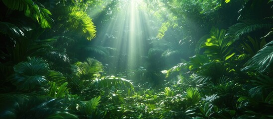 Sunlight Filtering Through Lush Green Tropical Rainforest Foliage with Dense Vegetation
