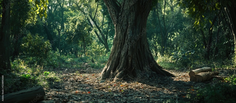 Poster large tree trunk in dense forest with sunlight filtering through leaves