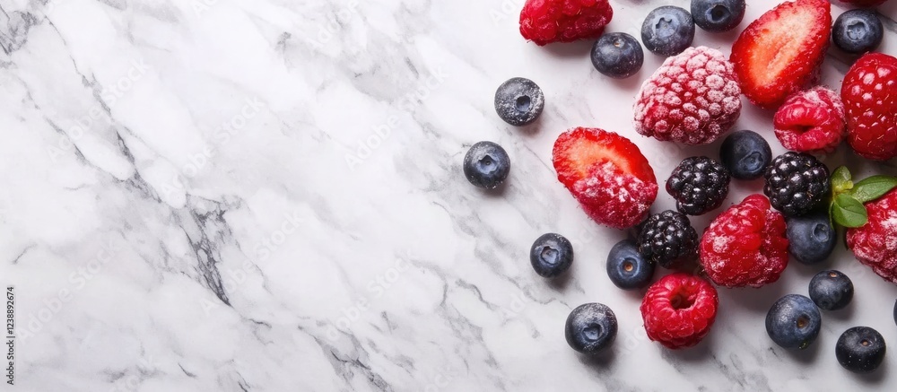Aufkleber assorted frozen berries on marble surface with copy space for text placement.