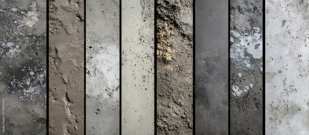 Poster collection of various textured concrete panels in vertical orientation with diverse surface patterns