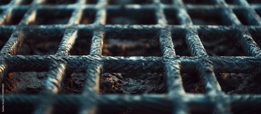 Poster close-up of textured metal grid with focus on weathered and rusty surface, showcasing intricate patt