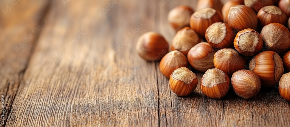 Poster pile of hazelnuts on rustic wooden table surface with focus on foreground and ample copy space on wo
