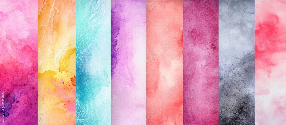 Poster set of vibrant watercolor texture backgrounds in a vertical stripe layout with various colors includ