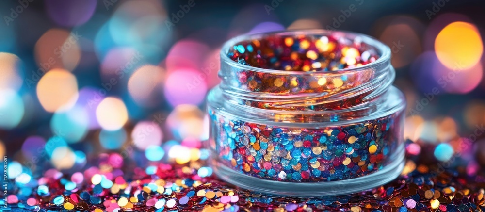 Sticker small glass jar filled with colorful sequins and bokeh background, horizontal orientation